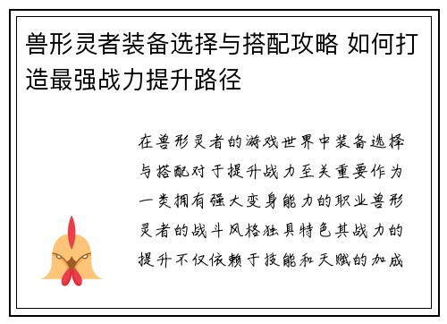 兽形灵者装备选择与搭配攻略 如何打造最强战力提升路径